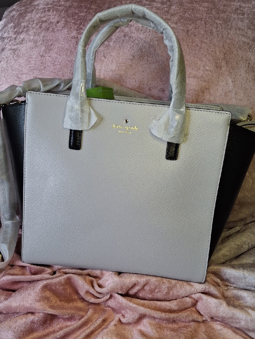 NWT KATE SPADE GRAND ST COLORBLOCK Gray and Black Leather Tote with Gold Logo